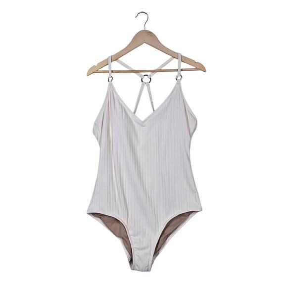 Kona Sol Swim Suit sz L Ivory Cream Ribbed Knit One Piece Medium Seat Coverage - Picture 1 of 15